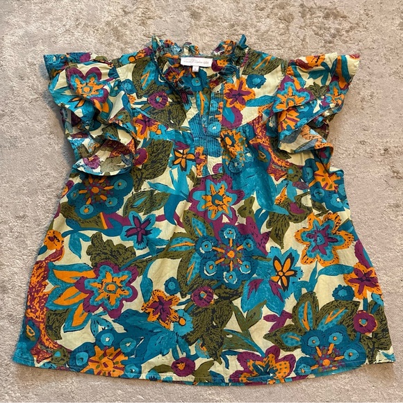 House of Harlow 1960 Vibrant Floral Ruffle Sleeve Boho Blouse Top Size Large - Picture 2 of 11